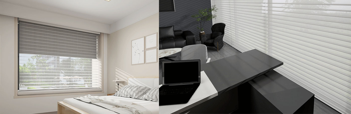 2-in-1 dual shade system combining honeycomb shade and roller shade for light control and insulation.