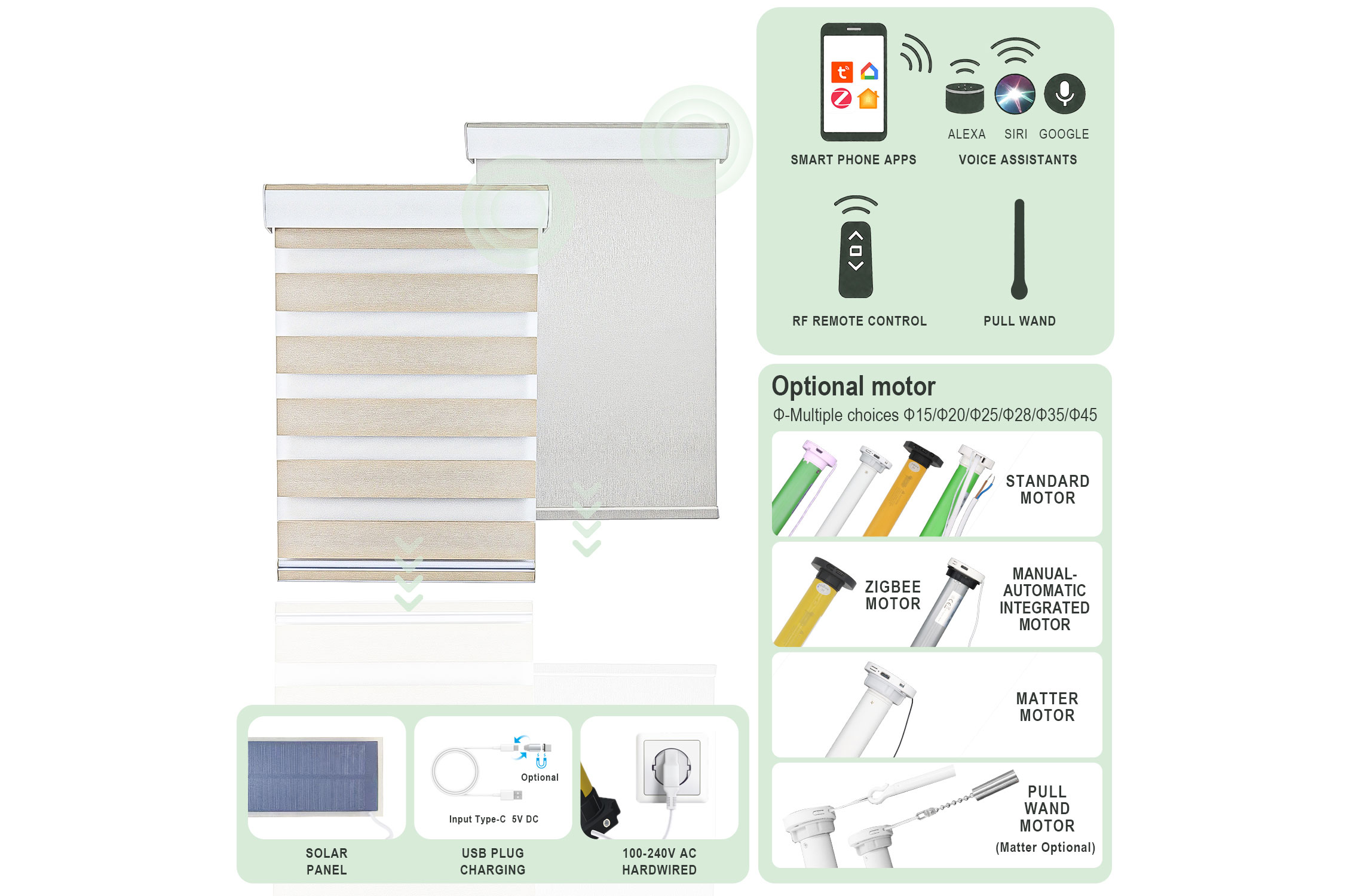 Motorized roller shades with smart control options for residential and commercial projects.
