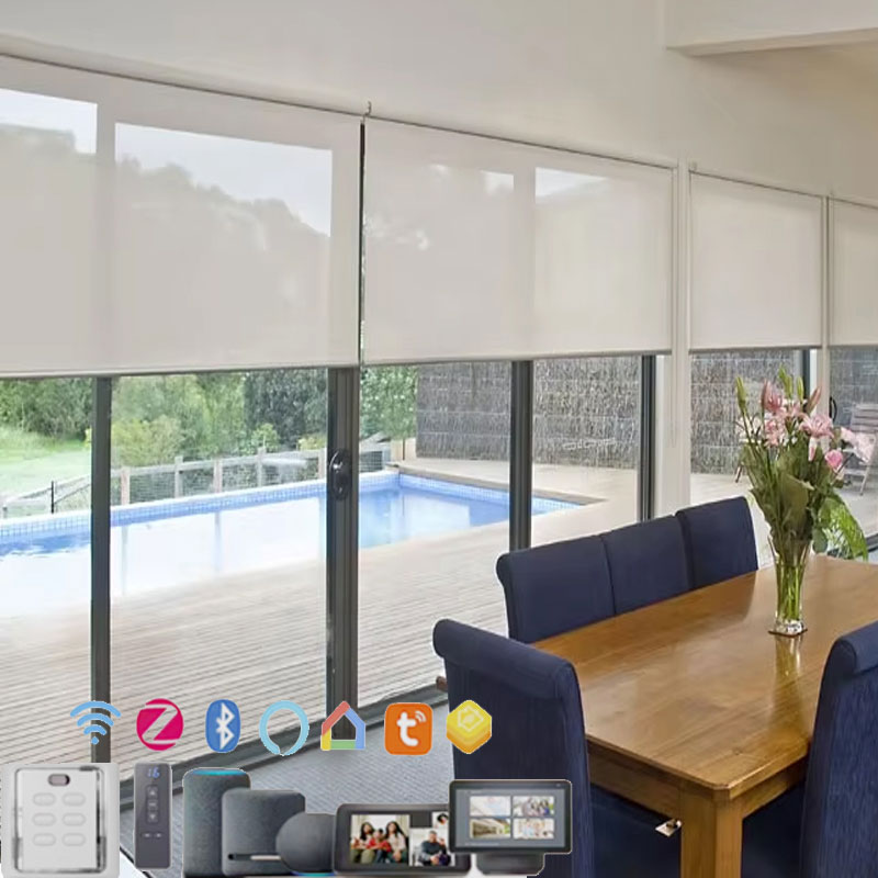 Motorized roller shades with smart control options for residential and commercial projects.