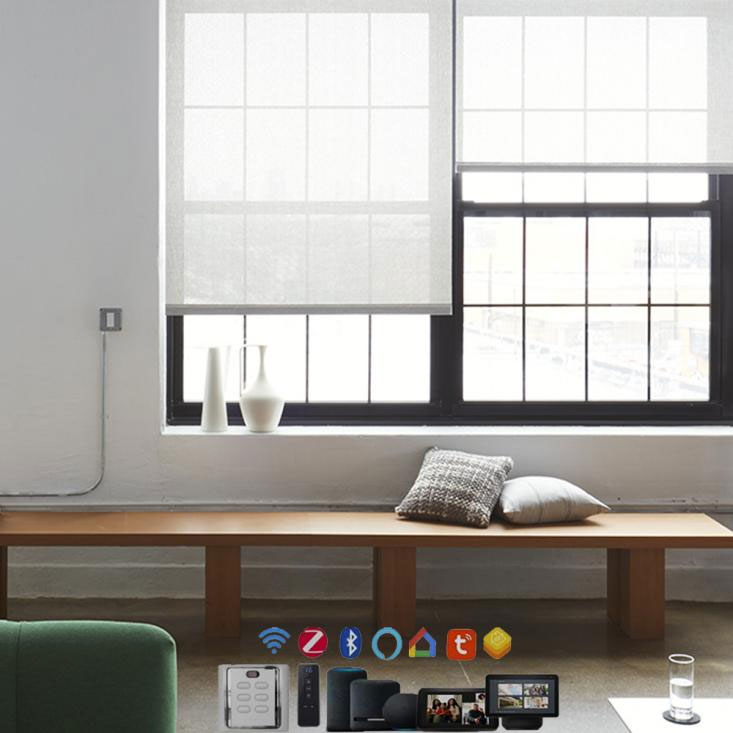 Motorized roller shades with smart control options for residential and commercial projects.