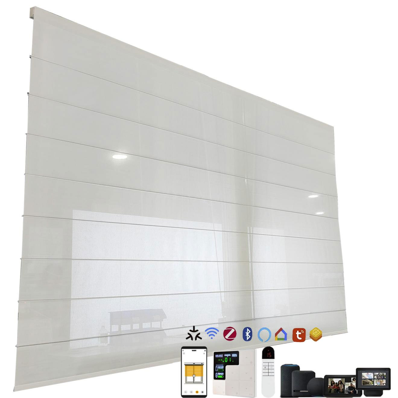 Motorized roller shades with smart control options for residential and commercial projects.