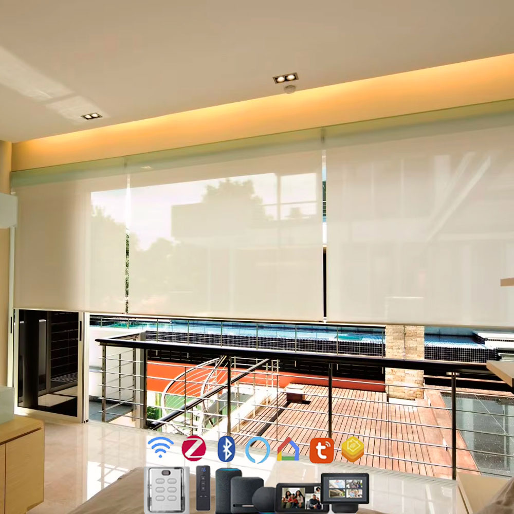 Motorized roller shades with smart control options for residential and commercial projects.