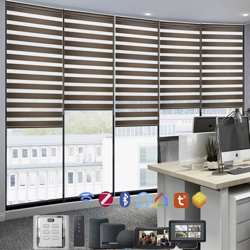 Motorized roller shades with smart control options for residential and commercial projects.